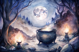 witchy background, big cauldron on the ground, big full moon behind, eerie feeling, gothic, 