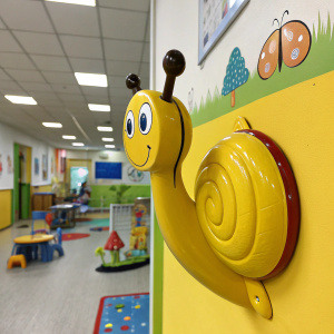 a pointer on the wall in the form of a yellow snail for a children's play center