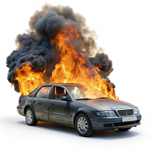 Burning car in flames on white background - Recraft