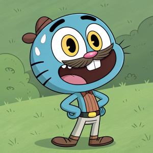 Gumball, from The Amazing World of Gumball, grinning widely with exaggerated features. Bright yellow eyes, blue body, brown mustache, against an animated green backdrop.