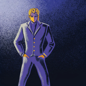Yoshikage Kira, male protagonist, blonde hair, intense gaze. Solid black background. Comic panel