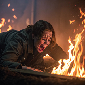 A person struggling in agony, their face contorted with pain, clawing through a blazing fire. The flickering flames cast an eerie, warm light on the scene. Below, the word 'CRAWL' appears to twist and writhe like a snake.