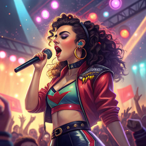 Charli XCX, with curly dark hair and bold outfit, performing on stage at a vibrant concert. Background features colorful lighting and excited crowd.