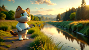 A cartoon cat with a fishing rod on the riverbank is fishing