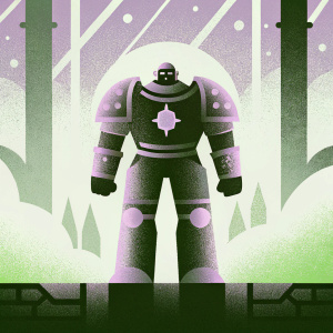 Reinhardt, the Overwatch hero, standing amidst a virtual battleground. His heavy, detailed armor glows under battle damage effects. Surrounded by digital scenery.