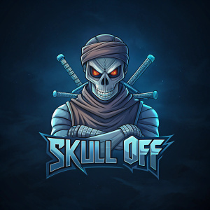 логотип мумия зомби в бинтах с двумя катанами с надписью"skull off"