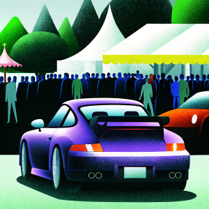 Purple Porsche 911 GT3 RS parked at a luxury car show. Shiny design, big rear wing, and custom license plate. Crowded event with people, tents, and other vehicles.