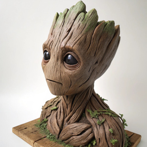3D render of Baby Groot's head sculpture. Brown, textured surface resembling tree bark. Expressive face with grayish eye sockets. Set against a plain white background.