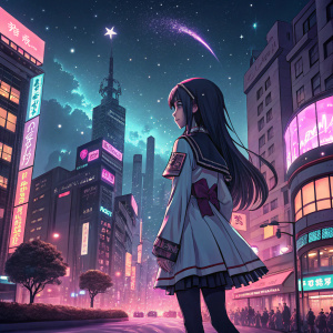 Digital art of Akemi Homura from Puella Magica Madoka Magica. Character is standing in front of a vibrant, neon-lit cityscape at night.