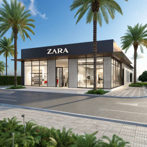 A 3D rendering of Zara's sleek storefront, featuring modern design elements and bold branding. Set against a vibrant background of palm trees and lush greenery, the image highlights the store's cutting-edge architecture and contemporary aesthetic under a bright, sunny sky.