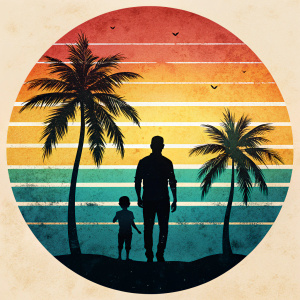 Retro vintage style sunset, palm tree,  Adobe Illustrator illustration, 16k, with sunset style and dad and son silhouette, T - shirt design, T - shirt graphic, retro vintage style circle., illustration, white background no text