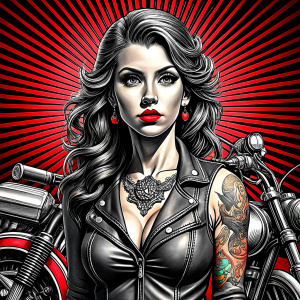 motorcycle bikergirl tattoo design - perfect realistic art - high-definition - grey and black - white background 