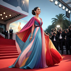 Golshifteh Farahani, dressed in a vibrant multi-colored gown, at the Cannes Film Festival's red carpet. The gown features shades of blue, pink, and red.