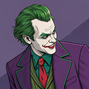 Illustration of the Joker character. Green hair, purple suit with green accents, and red tie. Dark and playful expression, vivid purple and green color palette, comic book style