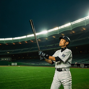 Ichiro Suzuki, in his signature pose, holding his bat. Stadium lights, green field, far away spectators