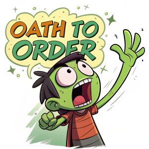 Illustration featuring a cartoon character in a surprised pose. The character has a green, comic-style appearance. Hands are prominently displayed. Text 'OATH TO ORDER' is in large, graffiti font. Background is minimalistic.