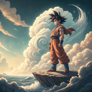 Dragon Ball's Goku standing on a floating island, clouds swirling around, intense gaze, ready for battle