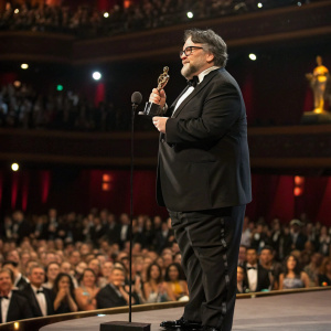 Guillermo del Toro, dressed in a tuxedo, giving an acceptance speech at a gala. Large crowd visible in background