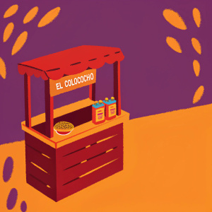 El Colococho, a vibrant Minecraft-inspired food stand, features a red structure with colorful items. Set against a purple gradient background, the design includes simple shapes and a limited color palette. The 3D rendering showcases clean lines and a playful, cartoonish aesthetic typical of pixel art.
