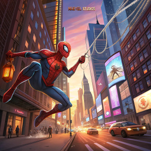 Spider-Man swinging through the streets of New York City, vibrant cityscape in the background, iconic Marvel Studios logo
