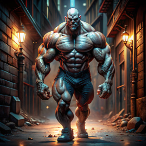 Un monstre hyper musclé, du sang sur son corps, avec un visage ultra sévère, se balladant dans une ruelle sombre et très peu éclairée durant la nuit, style PIXAR 3D