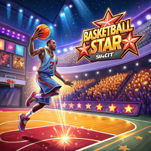 Digital artwork for 'Basketball Star Slot'. A high-energy basketball court scene.