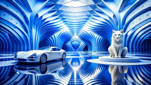 Blue and white futuristic luxurious cataman realistic detail photography hd
