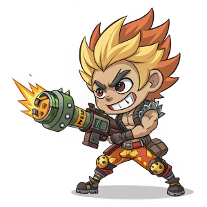 In a vibrant digital illustration, a cute, chibi version of Overwatch's Junkrat is depicted. He has a strong build, fiery spiky hair, and a determined look. Wearing a mix of armor and casual combat gear, he holds a big futuristic weapon and strikes a dynamic pose. The character's face and weapon are meticulously detailed, while the backdrop is plain.