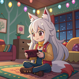 Ilmina, a youthful character from Puzzle & Dragons, sitting in a cozy room filled with warm lighting and vibrant colors. She blends human and animal traits, has long white hair, and wears a colorful outfit.
