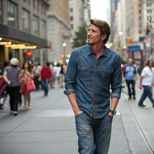 Garrett Hedlund, in a casual outfit, denim shirt and jeans. Strolling through a bustling city street, crowded with pedestrians.