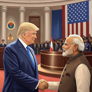 Donald Trump and Narendra Modi shaking hands at a formal event. Diplomatic gathering with American flag in background.