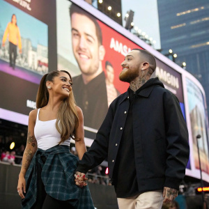 Ariana Grande and Mac Miller at a charity event. Holding hands and posing for pictures. Event backdrop has large billboard ads.