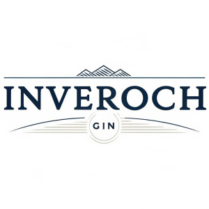 Modern logo design for Inverroche Gin featuring 'INVEROCH' in elegant font at the top and 'GIN' in sleek, minimalist style beneath. Dark text on a clean white backdrop, emphasizing brand name and product.