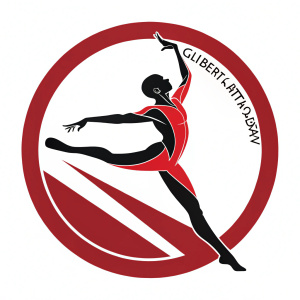 Logo design for Gilbert Arts Academy. Features a dynamic, abstract human figure in red and black. Set within a large circular frame.