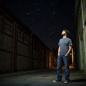 Daniel Radcliffe in a casual t-shirt and jeans, standing alone in an empty alley. The night sky filled with stars above