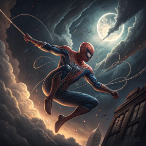Digital illustration of Spider-Man swinging through the night sky. Dynamic pose, action-packed scene. Background features swirling, chaotic clouds and dramatic lighting effects.