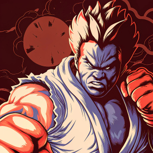 Akuma from Street Fighter in a fierce fighting pose. Dark, moody background with stylized martial arts logos.
