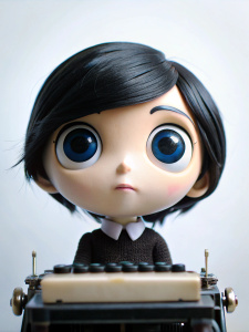 persona escribiendo con maquina de escribir ESTILO CHIBI PIXAR, OJOS MUY GRANDES, FONDO BLANCO, CUERPO ENTERO, OJOS AZULES, CABELLO NEGRO