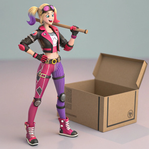 Harley Quinn action figure, vibrant colors, standing next to an empty box.