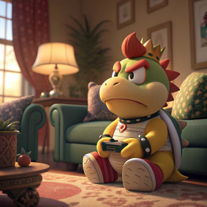 Bowser Jr., Nintendo character, sitting in a cozy living room, angry face