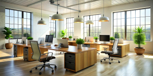 3D render interior design Office Room . Office desks with office chairs. Concept of working place. 3d rendering