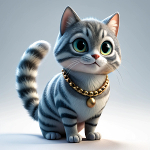 The three-dimensional cat is a beautiful striped gray. with a silver chain. It looks like a minion. the shape is beautiful in an ultra-high-quality design. side view. in a jump. on a transparent background