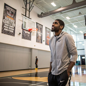 Kyrie Irving in a casual outfit, standing in a modern gym with basketball hoops and motivational posters.
