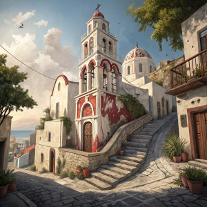 The Church of Agios Ioannis Theologos in Fira, Santorini, stands tall amidst the winding streets. Its white exterior, marred by the passage of time, reveals patches of crimson hues and peeling paint. The ancient structure, featuring a bell tower and arched entrances, appears to share its historical tales with the sky. Stone steps lead up to the entrance, surrounded by other buildings and greenery, encapsulating the spirit of the island within its walls.