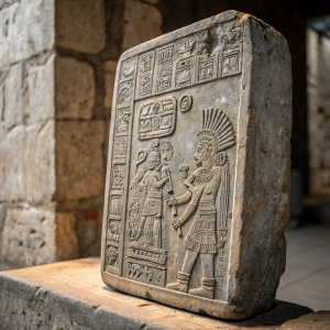 Close-up of ancient Mayan stone tablet. Intricate carvings depicting mythological scenes. Grey stone with faded, intricate hieroglyphs.