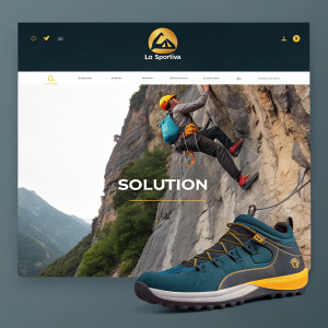 Website design showcasing La Sportiva's outdoor gear. Rocky cliff as the background. Dark color scheme with vibrant accents. Brand logo at the top. Prominent product advertisement for 'SOLUTION'