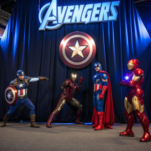 Various superheroes posing at a Marvel Comic-Con booth. Dark blue backdrop with glowing Avengers logo
