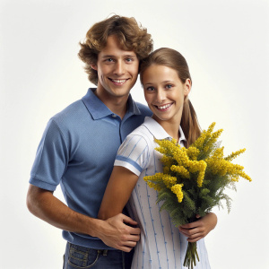 lcouple of lovers who are just over 18, casually dressed in two-tone t-shirt and jeans, he gives a bouquet of mimosa flowers
​