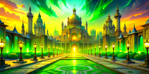 Old European city square with a large beautiful marble palace with towers and spires, encrusted with shining emeralds and chased in gold. Lots of flagpoles with green flags. Streets with rows of old marble buildings are radiating outward from the palace.