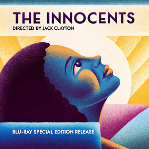 Movie poster for The Innocents. Directed by Jack Clayton. Dramatic pose of a woman's head. Black and white. Blu-ray special edition release.